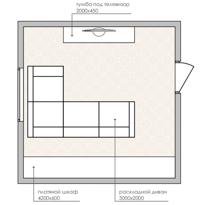 small living room layout diagram with a corner sofa