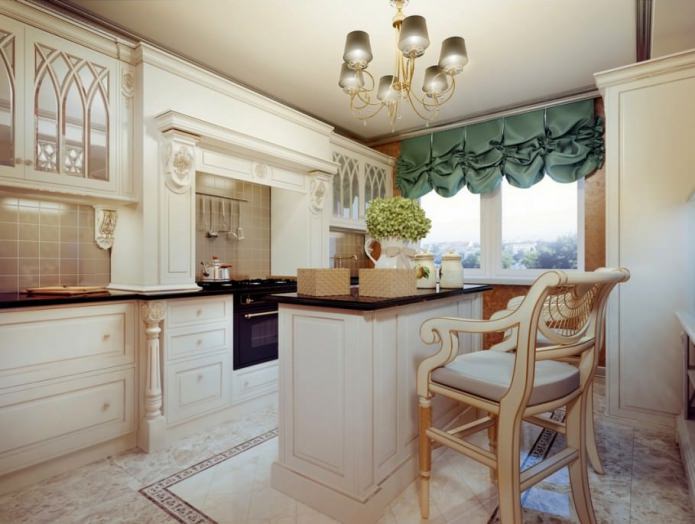 interior of a small kitchen with a bar counter