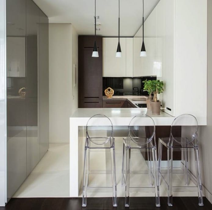 interior of a small kitchen with a bar counter