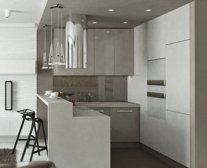 interior of a small kitchen with a bar counter