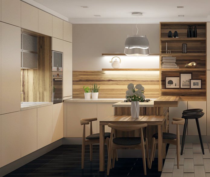 interior of a small kitchen with a bar counter