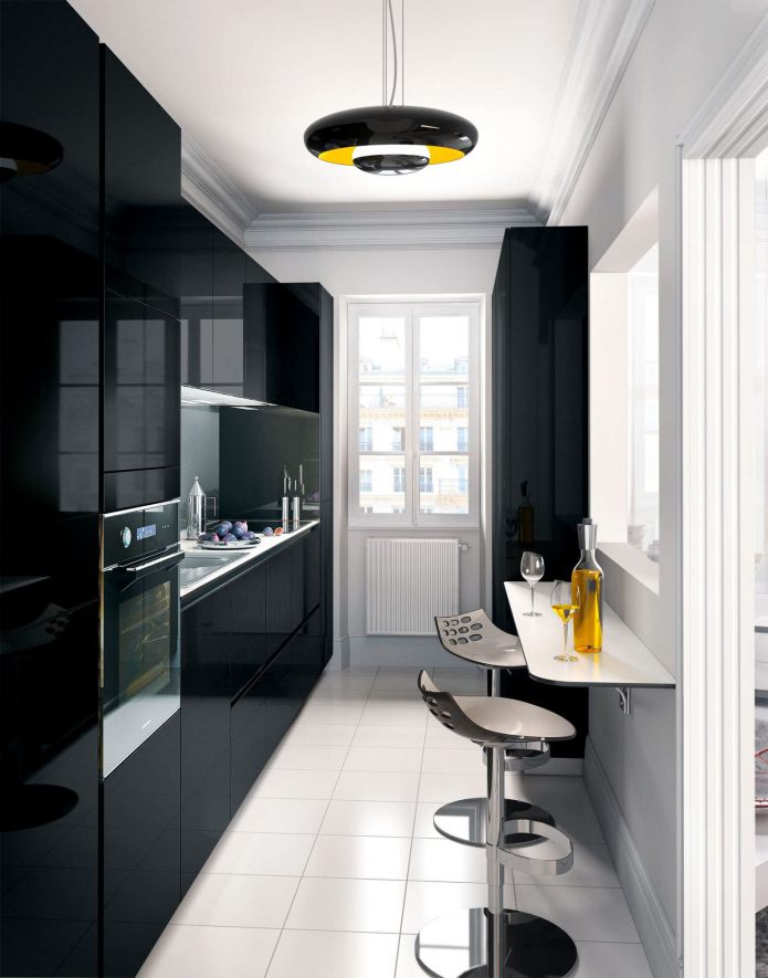 interior of a small kitchen with a bar counter