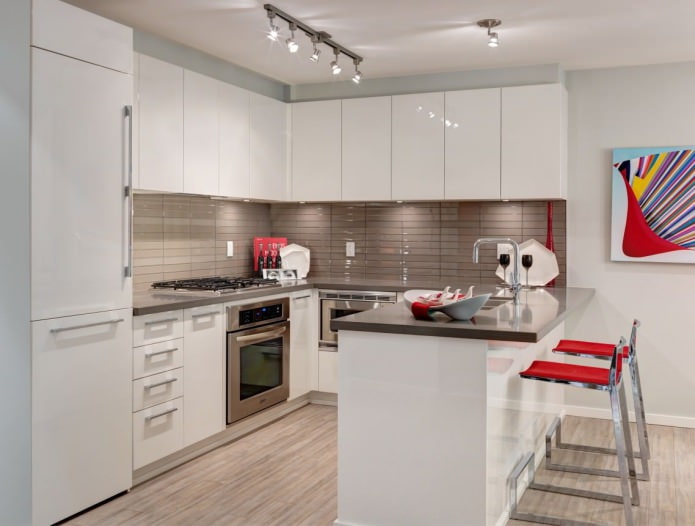 interior of a small kitchen with a bar counter