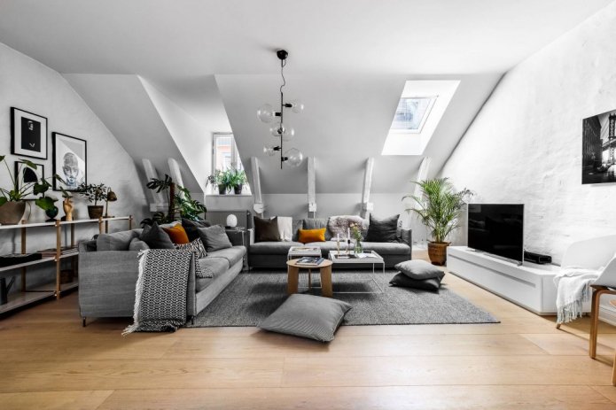 stylish living room with a sloping white ceiling