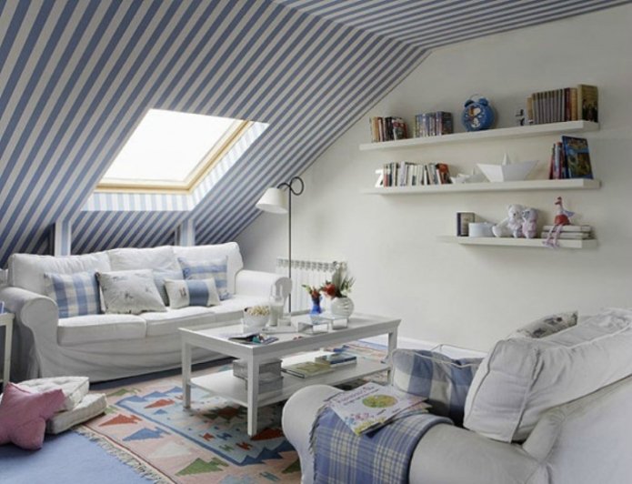 white and blue living room in the attic