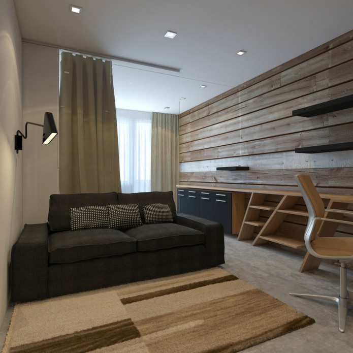 living room in the design of a one-room apartment of 33 sq. m.