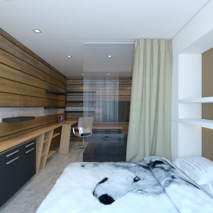 bedroom in the design of a one-room apartment of 33 sq. m.