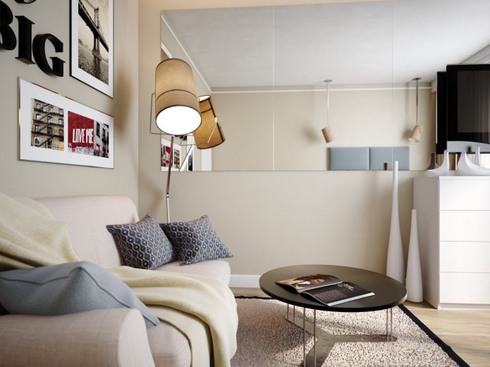 living room-bedroom in the design of an apartment of 38 sq. m.