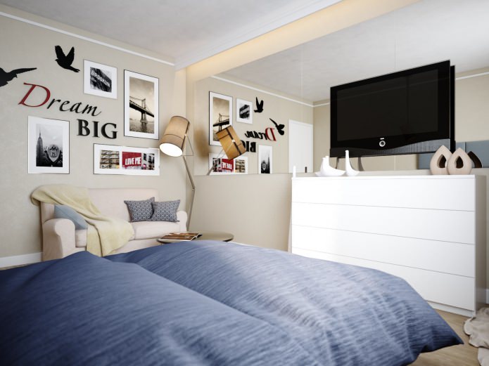 living room-bedroom in the design of an apartment of 38 sq. m.