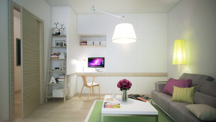 living room in the design of a one-room apartment of 40 sq. m.