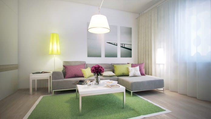 living room in the design of a one-room apartment of 40 sq. m.
