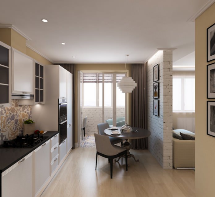 kitchen in a one-room apartment of 50 sq
