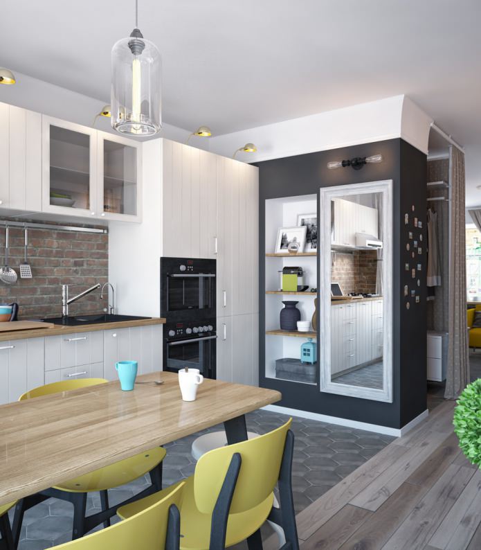 Design of a kitchen in a one-room apartment with a swing-out design