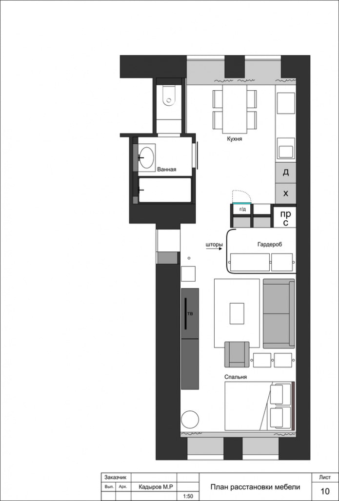 Layout of a one-room apartment with a swing-out door