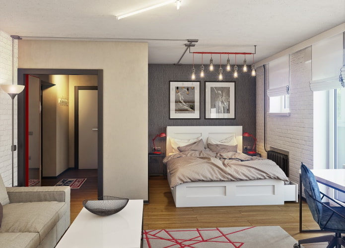 furniture arrangement in a one-room apartment with a niche