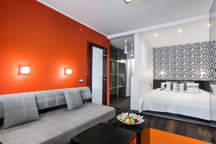 furniture arrangement in a one-room apartment with a niche