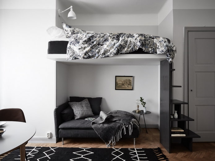 furniture arrangement in a one-room apartment with a niche