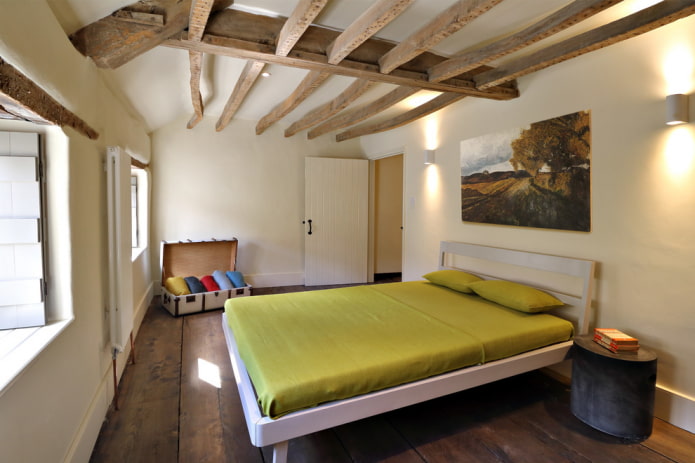 white painted ceiling with wooden beams