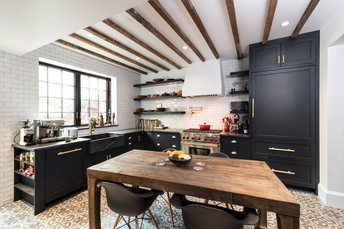 kitchen interior with black furniture
