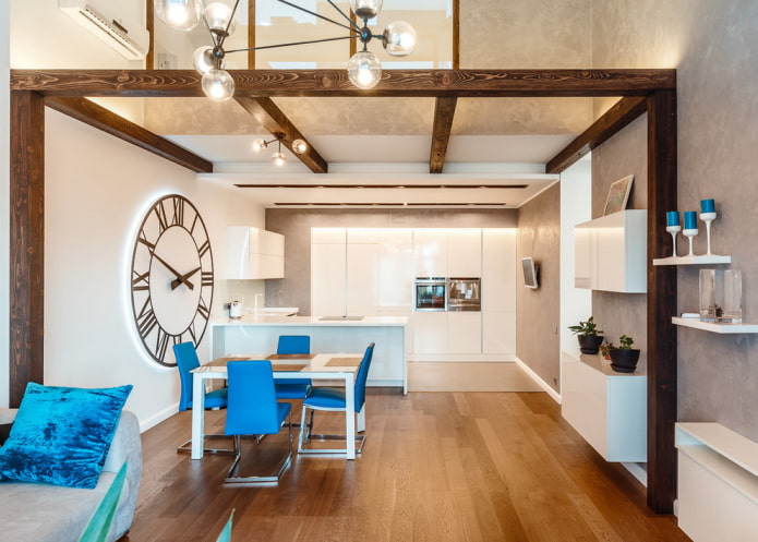 varnished beams in the kitchen-living room