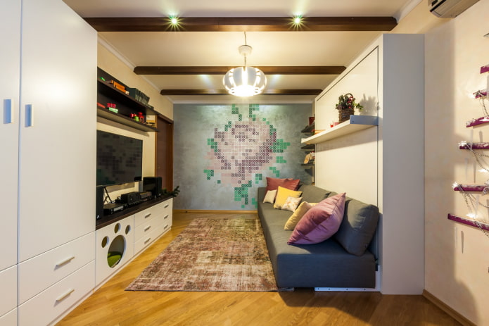 living room interior with beams