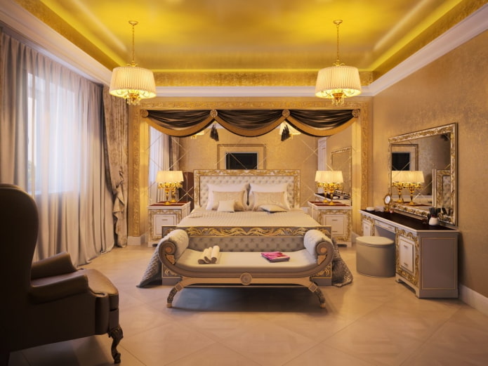 golden ceiling in the bedroom interior