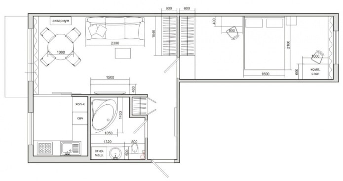 layout in a two-room Khrushchevka of 44 sq. m.