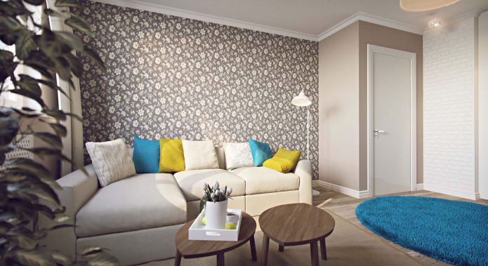 living room in the project of a one-room apartment of 43 sq. m.