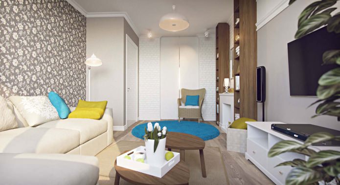 living room in the project of a one-room apartment of 43 sq. m.