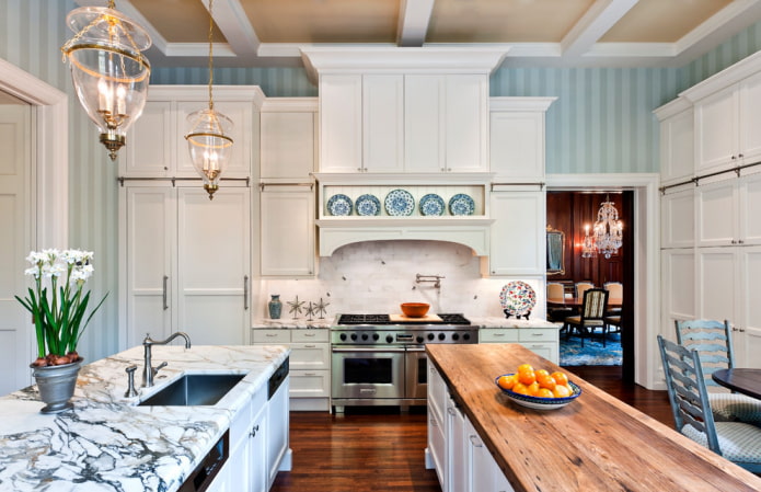 blue striped wallpaper on kitchen