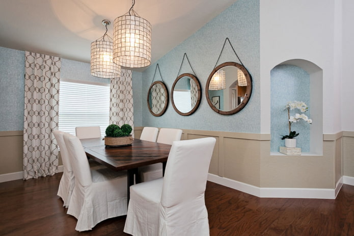 beige curtains with blue wallpaper