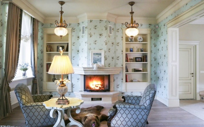 classic English interior with blue wallpaper in a small flower pattern