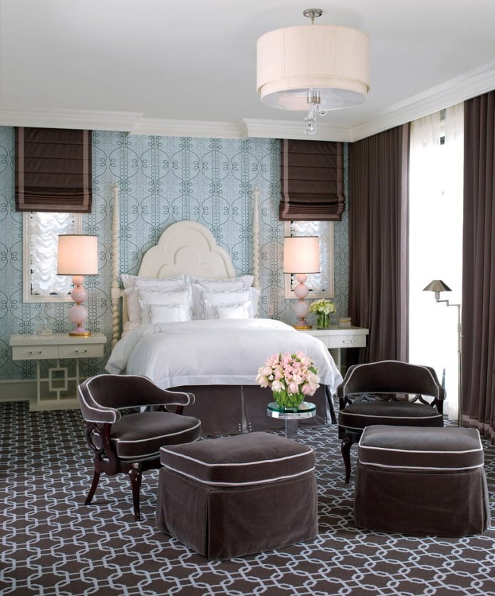 blue wallpaper and brown curtains