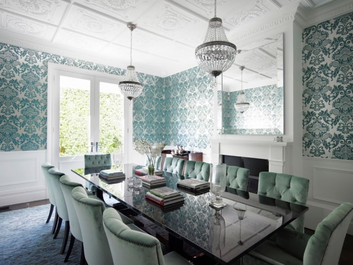 two crystal chandeliers in the dining room
