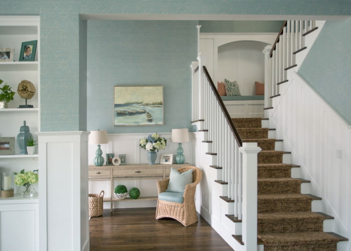 hallway with white and blue wallpaper