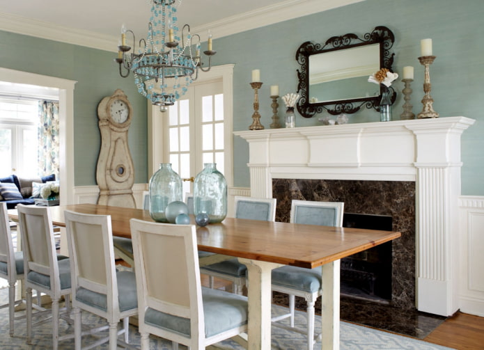 wallpaper in the dining room with a fireplace