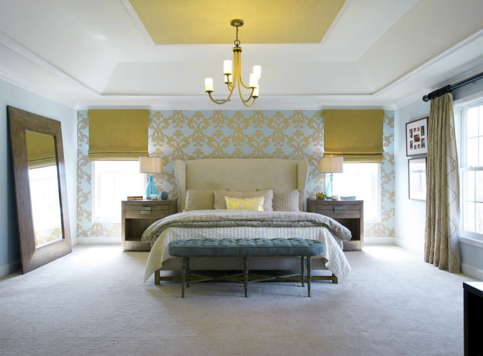 Yellow and blue wallpaper in bedroom