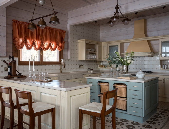 orange curtains in the kitchen