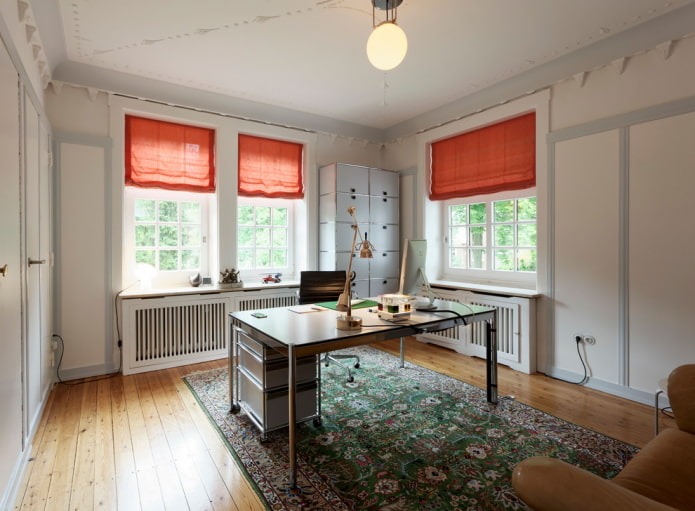 orange curtains in the office