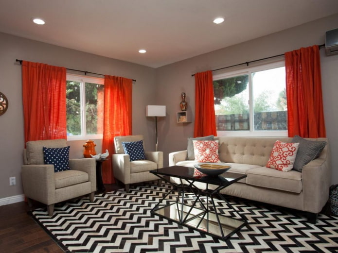 orange curtains in the living room