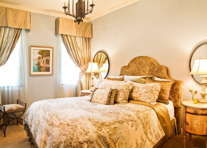 gold-colored curtains in the bedroom