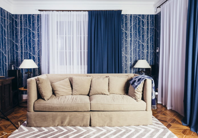blue curtains in the interior
