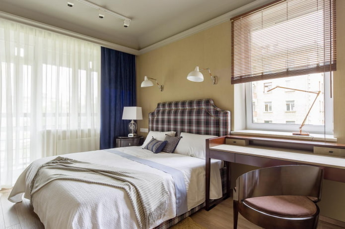 Square bedroom with a bedside table