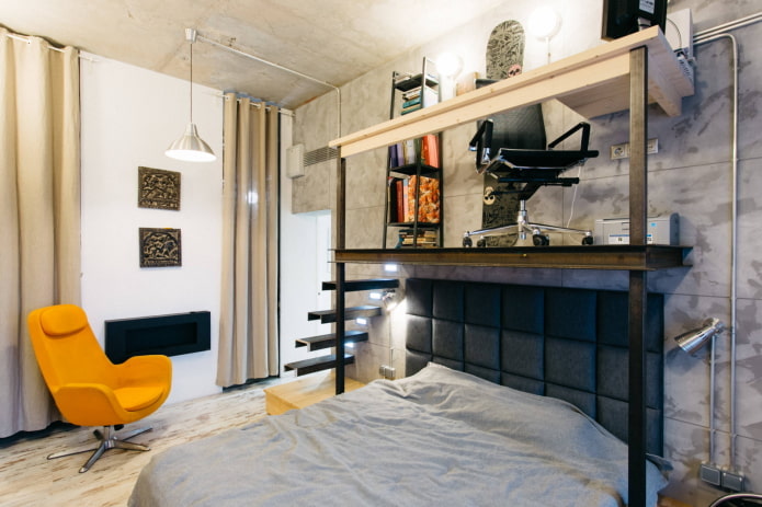 Loft with a study above the bed