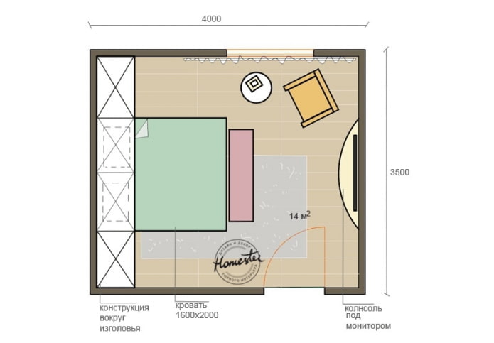 Bedroom layout 14 m2