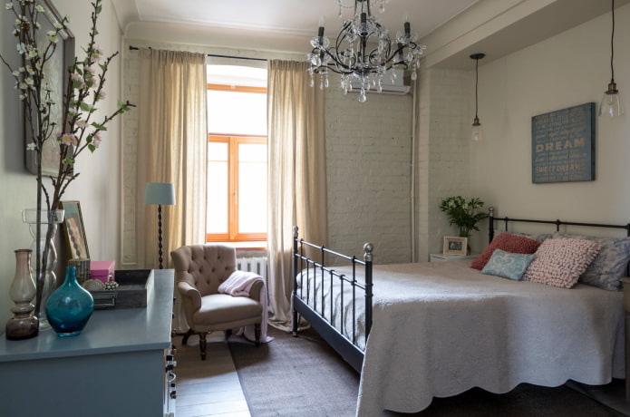 Bed, armchair, chest of drawers