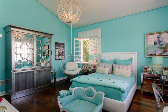interior of the bedroom for a girl in turquoise