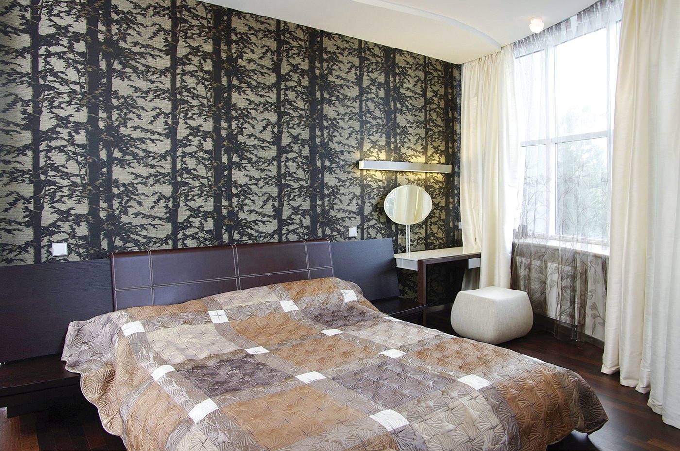 curtains in the design of the bedroom with gray wallpaper