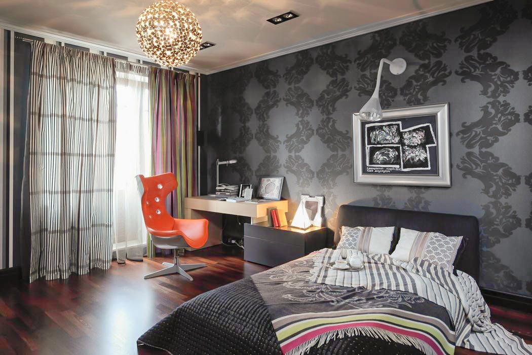 curtains in the design of the bedroom with gray wallpaper