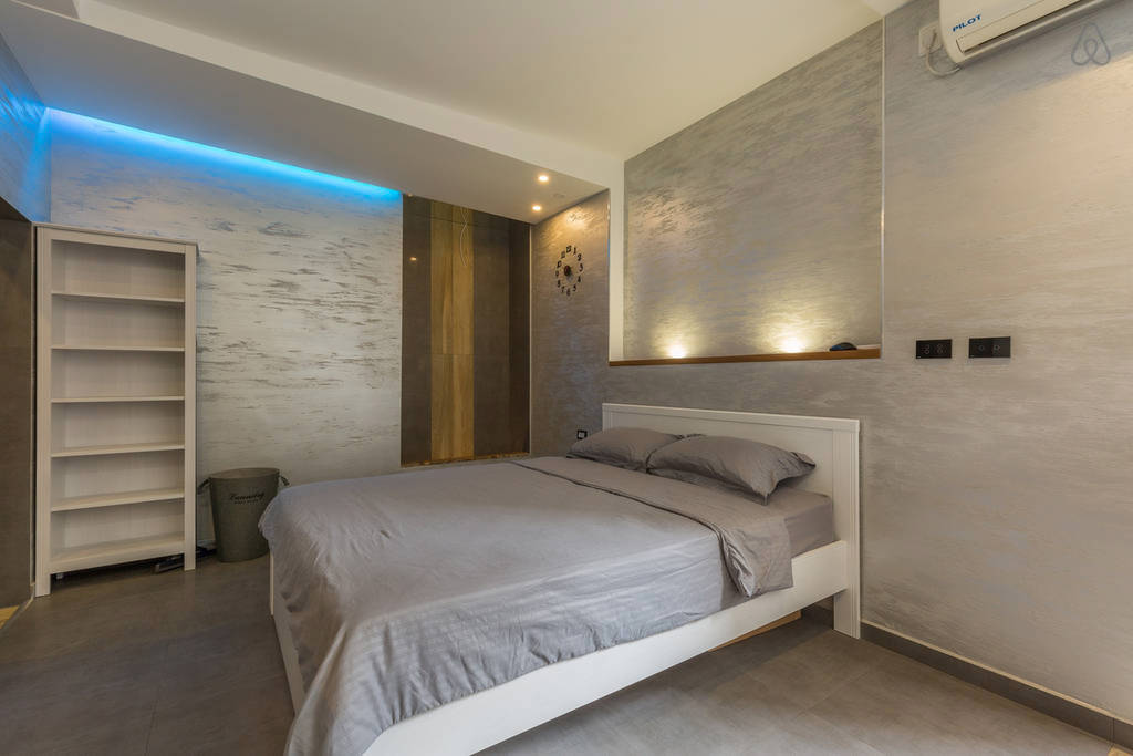 bedroom interior with gray wallpaper